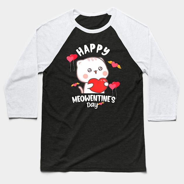 Happy Meowentine's Day Shirt Valentine Cat Lover Cute Kitten Baseball T-Shirt by Neldy